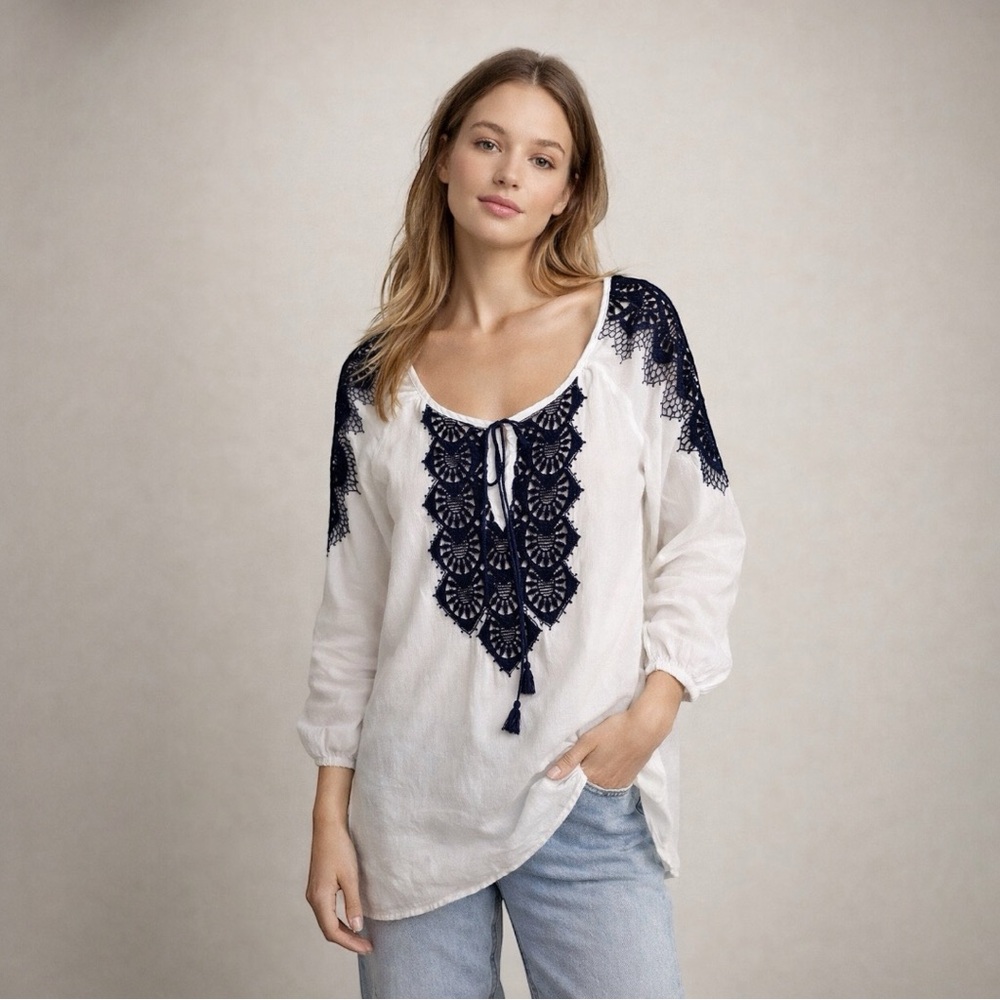 J. Crew White Embroidered Boho Tunic Top |Size Small | Navy Crochet Peasant